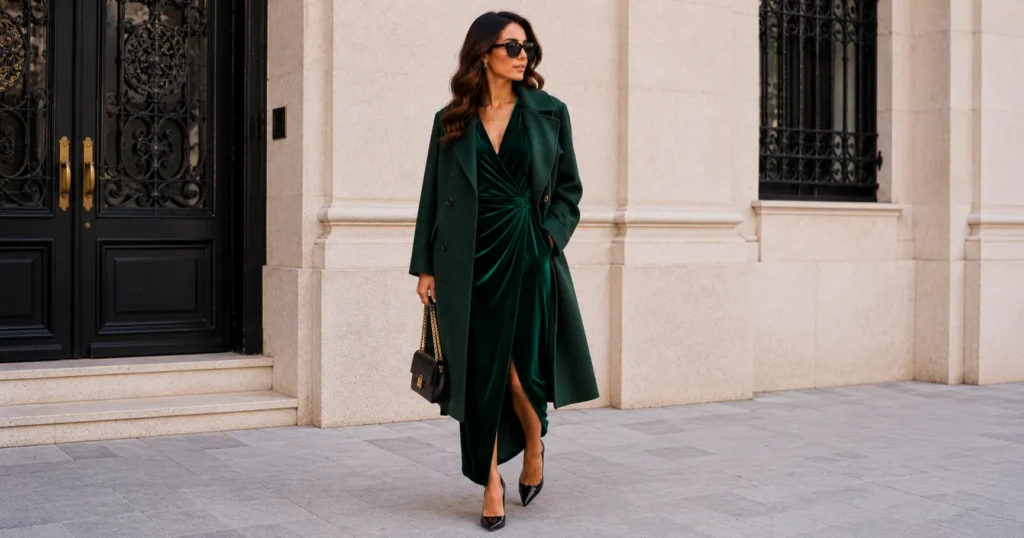The Complete Guide to Green Outfit Ideas: Style Tips for Every Shade 11 Green outfit ideas with emerald velvet dress and winter luxury fashion