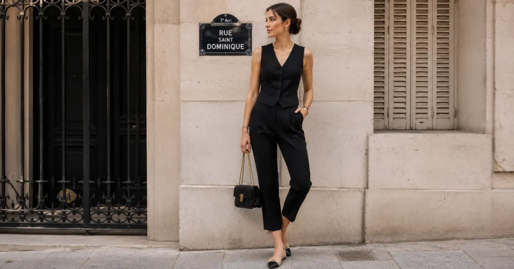 Parisian-inspired all vest outfits for women with a black fitted waistcoat and cropped trousers