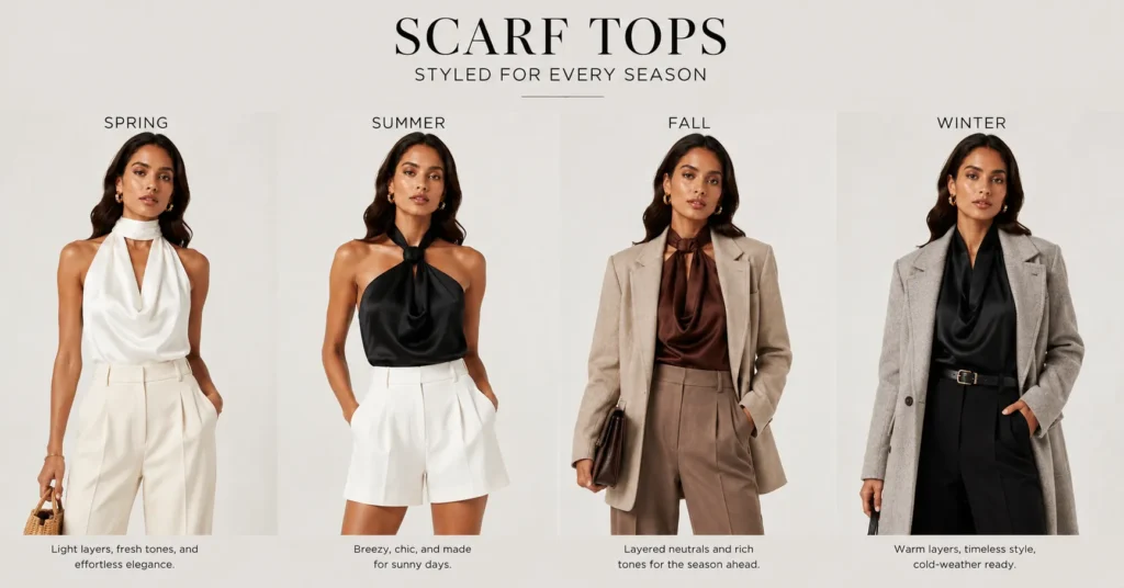 Scarf tops clothing outfit ideas for spring, summer, fall, and winter styling.
