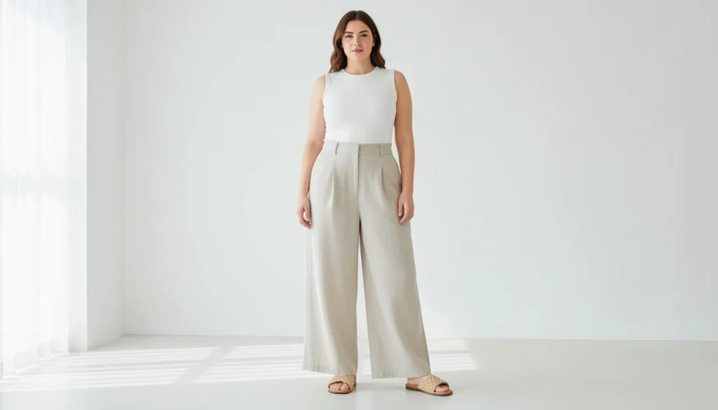 Plus size summer outfits featuring linen wide-leg trousers and fitted sleeveless top.