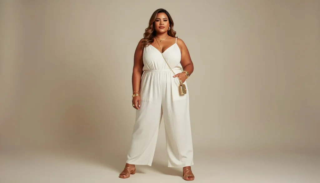 Plus size summer outfits featuring an elegant lightweight jumpsuit for summer evenings.