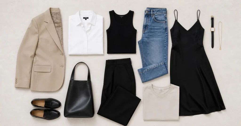 90s minimalist outfits 2026 capsule wardrobe with neutral tones and essential pieces