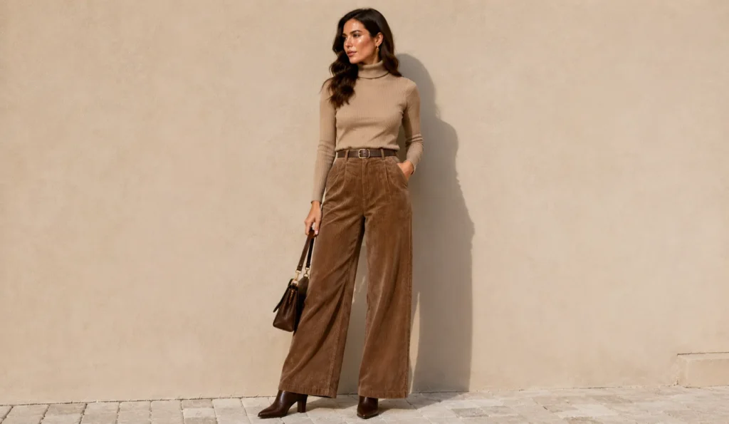Wide-leg corduroy trousers for women styled for modern fall fashion.