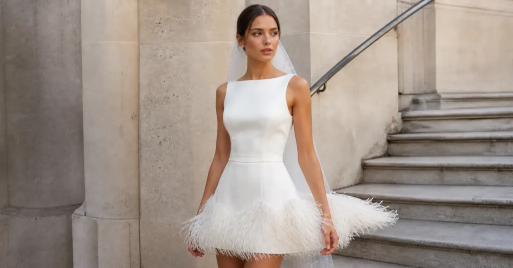 Bride in feather-trim mini dress for reception, stylish and playful bridal outfit idea