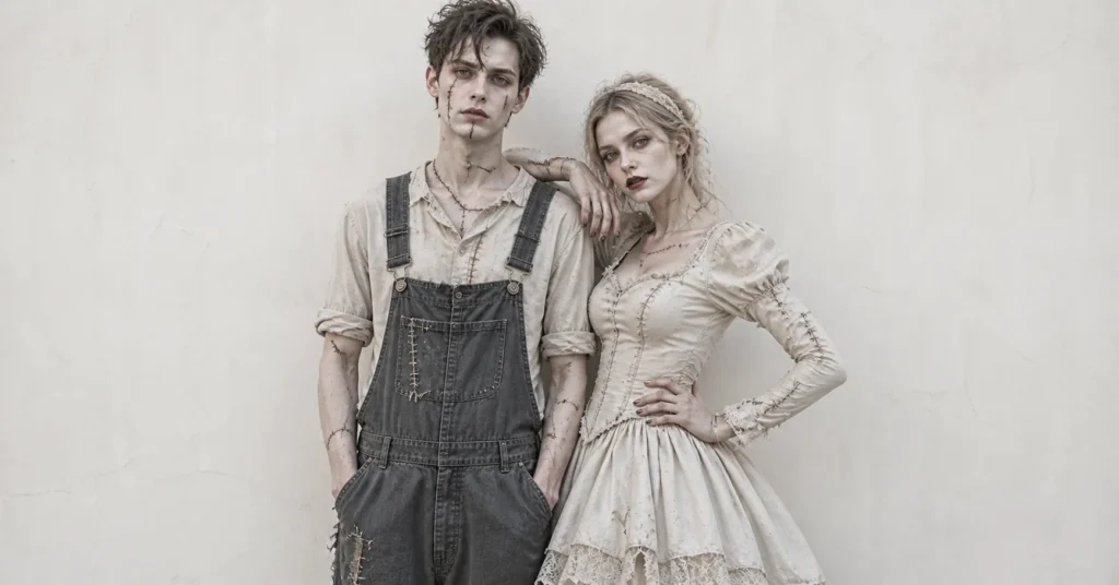 Couples scary Halloween outfits inspired by haunted doll costume duo