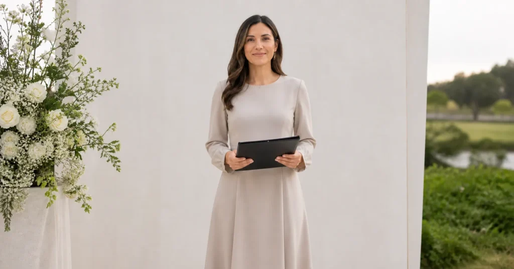 Ultra-realistic female wedding officiant, holding a folder, styled in an elegant editorial fashion setup with bright lighting and a neutral background.
