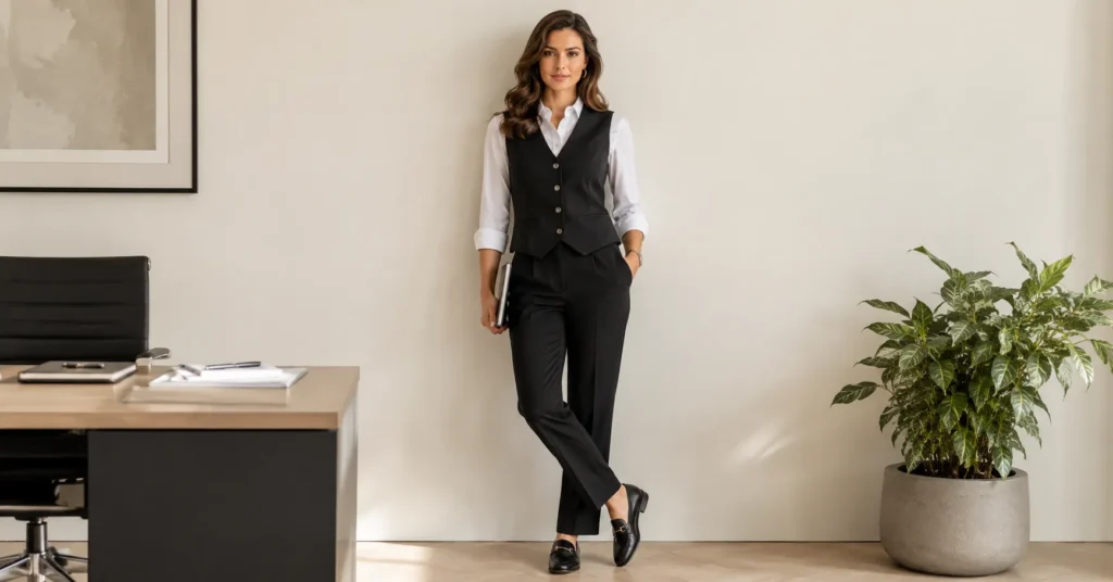 Professional all vest outfits for women with a black tailored waistcoat and tailored office trousers