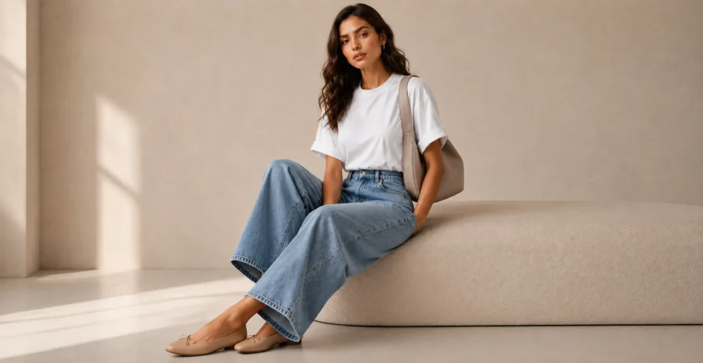 Casual ballet pumps outfit with baggy jeans and white t-shirt