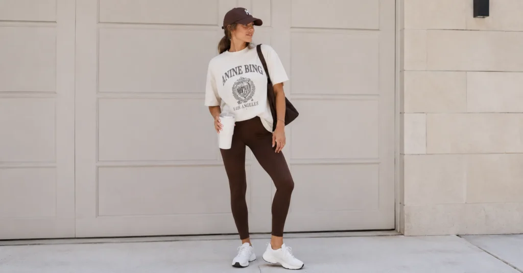The Complete Guide to Building a Stylish Brown Leggings Outfit 8 Casual brown leggings outfit with oversized t-shirt and sneakers