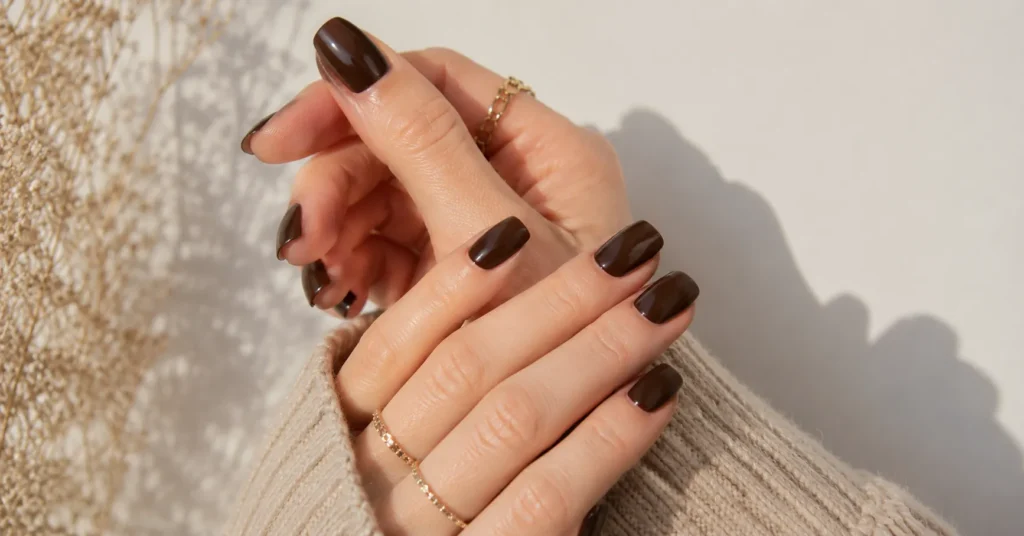 15 Stunning Chocolate Brown Nails Ideas for Your Next Manicure 6 Classic glossy chocolate brown nails on short square nails
