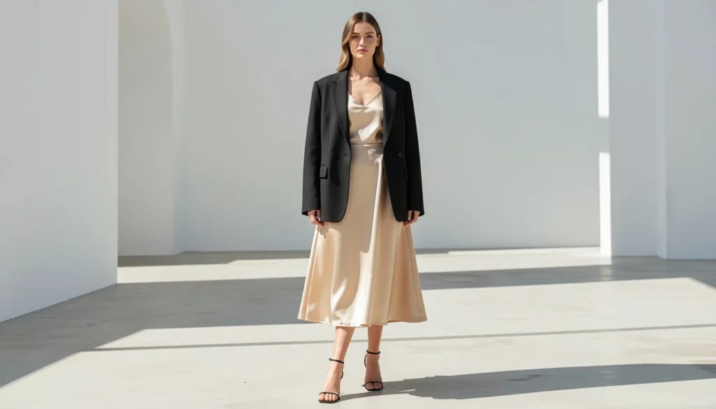 How to Build the Perfect Classy Club Outfits: A Complete Style Guide 6 VIP lounge classy club outfit with satin midi dress and blazer