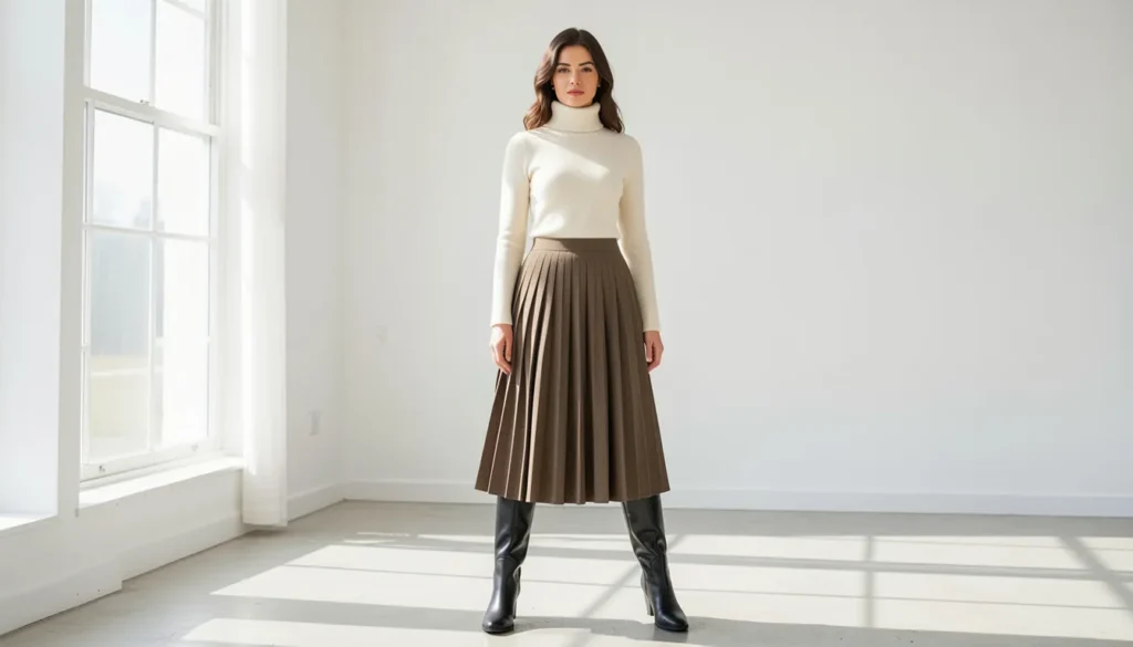 The Guide to Crafting a Demure Winter Outfit: Elegance in the Cold 6 Demure winter outfit with pleated midi skirt and turtleneck