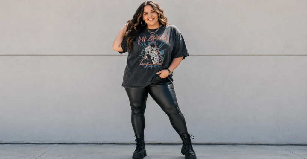 Plus size concert outfit ideas featuring edgy rock concert fashion with faux leather leggings and band tee styling.