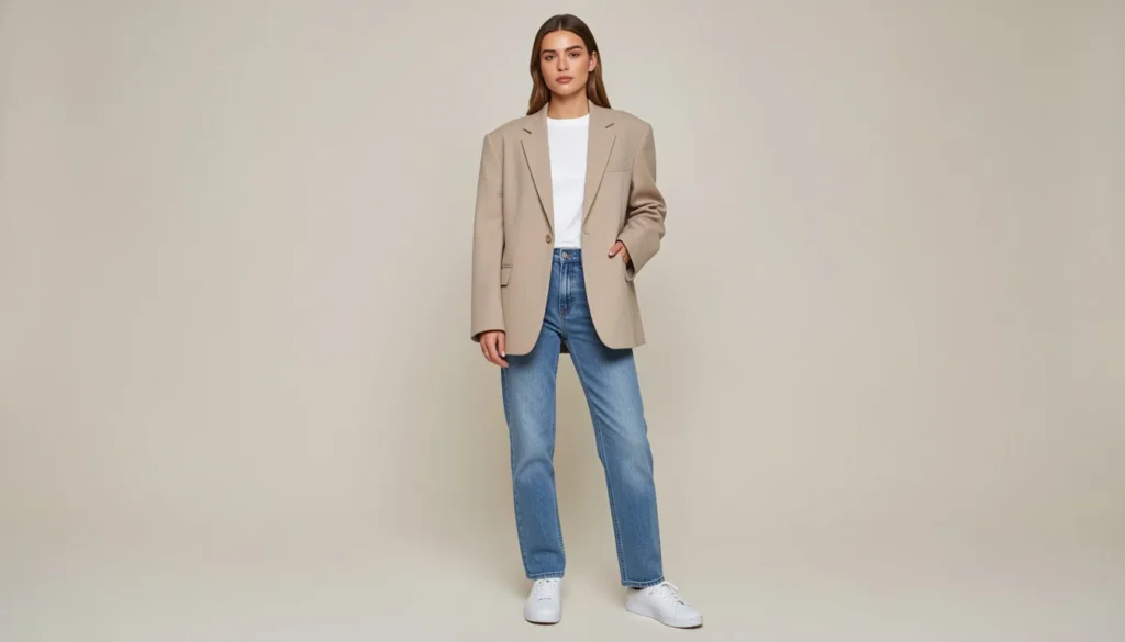 Cool outfits featuring a casual everyday look with jeans, blazer, and sneakers.