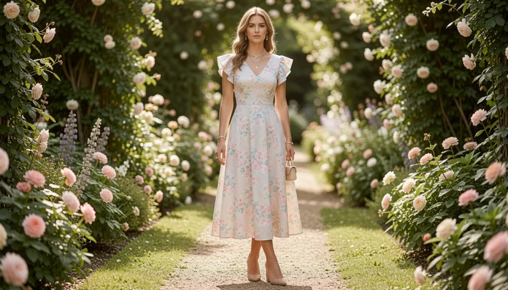 Floral summer wedding guest dress with flutter sleeves styled for a garden wedding.
