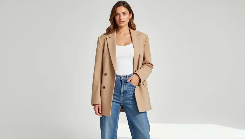 Oversized outfit ideas featuring an oversized blazer styled with jeans and a fitted tank.