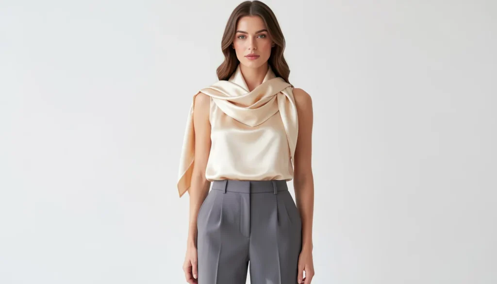 Woman wearing satin scarf tops clothing styled with tailored trousers for a chic modern look.