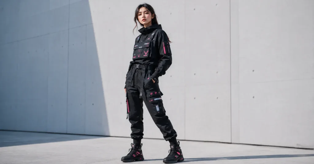 Woman wearing tactical cyberpunk outfits with chest rig and futuristic sneakers.