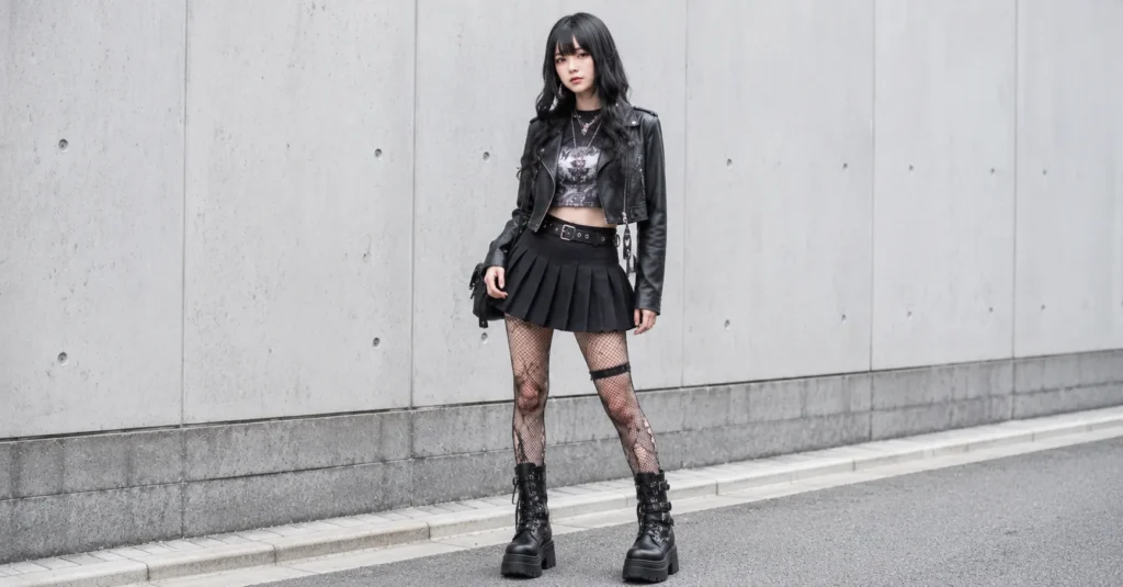 Misa Amane outfits featuring punk rock Harajuku inspired streetwear and combat boots.