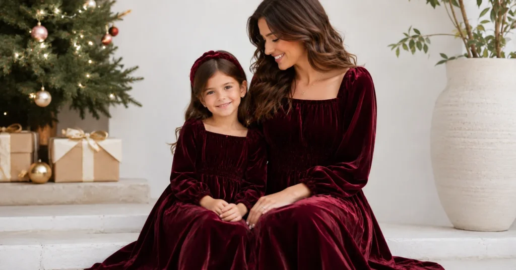 Matching mommy and me outfits with elegant burgundy holiday dresses for mother and daughter.