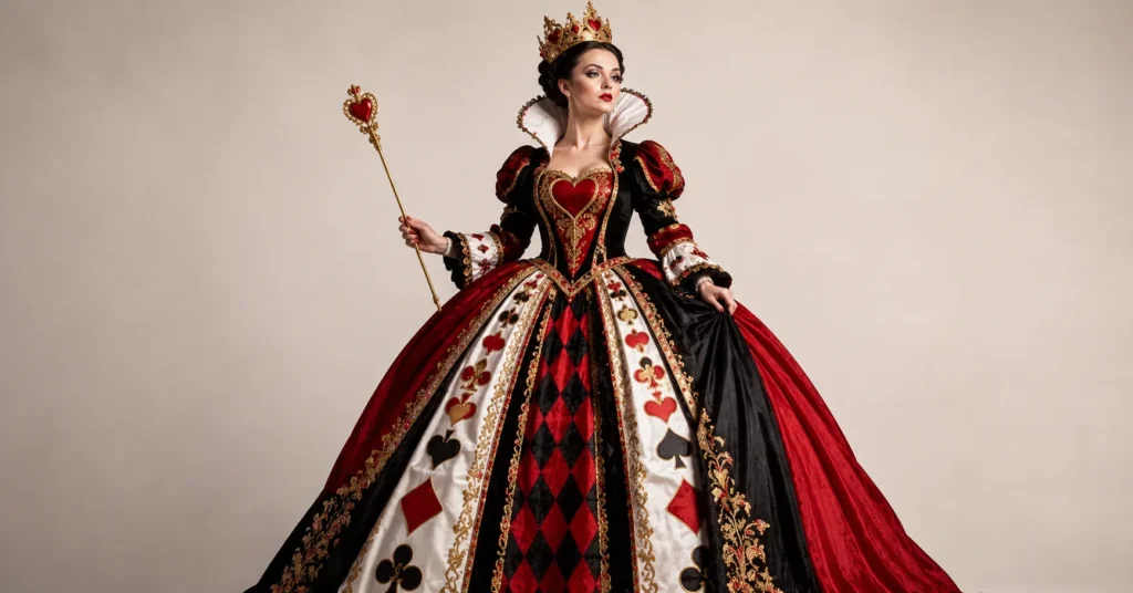 Classic Queen of Hearts outfit inspired by traditional Wonderland costume fashion.