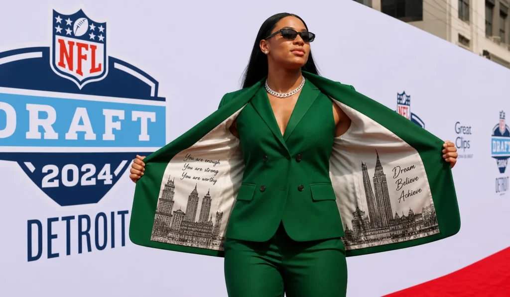 NFL draft viral outfit female with custom suit lining telling personal story