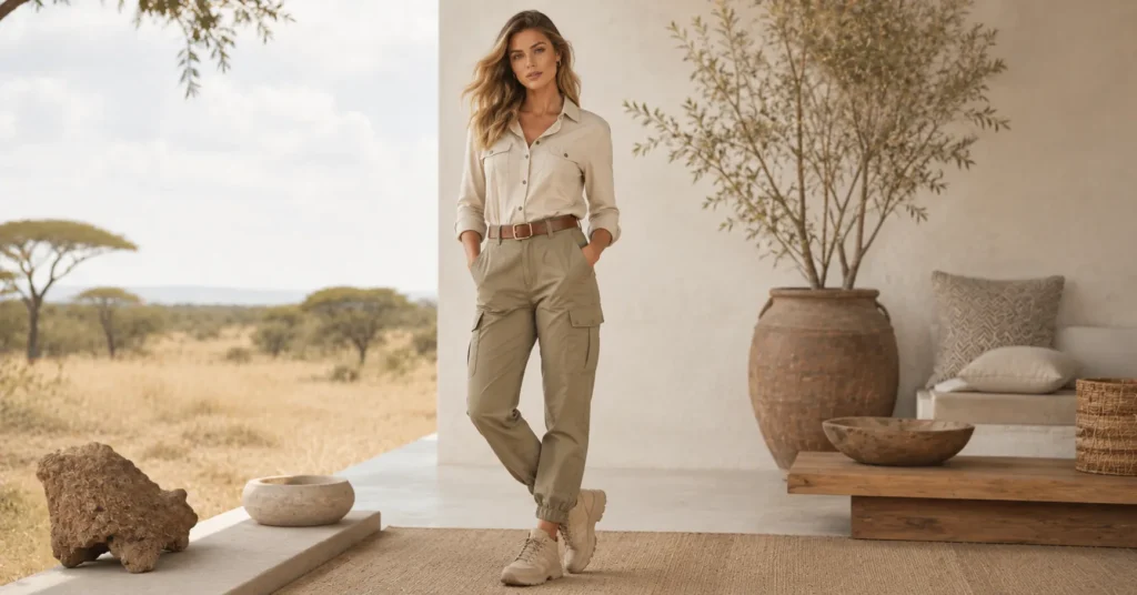 Chic women’s safari outfit with cargo pants, safari shirt, and lightweight hiking shoes.