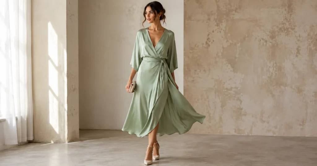 Silk outfits for weddings with a flattering sage green silk wrap dress and elegant accessories.