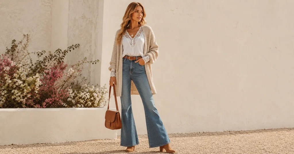 Summer boho chic style featuring crochet top, tiered maxi skirt, and gladiator sandals.
