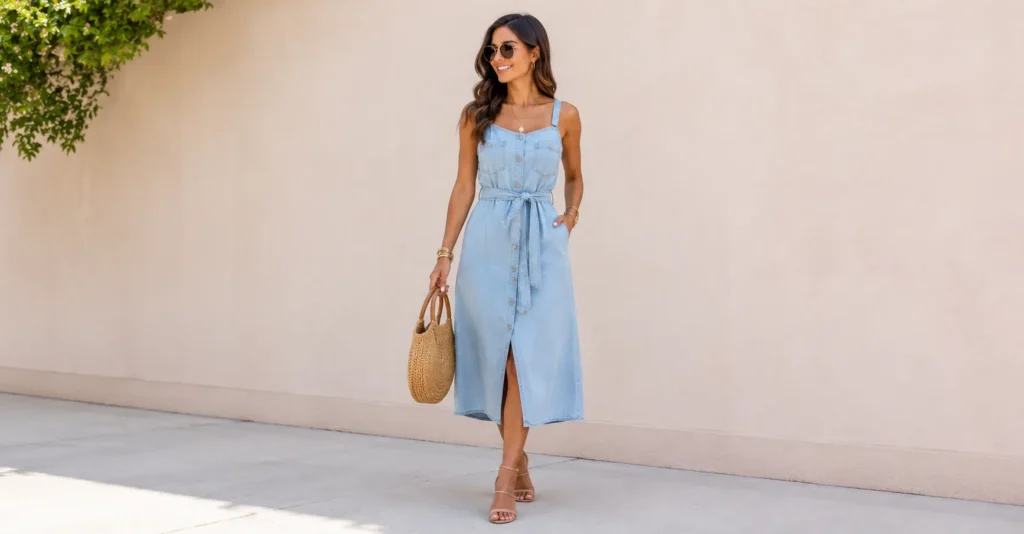 Denim dresses and outfit inspiration with a light wash midi denim dress styled for summer.