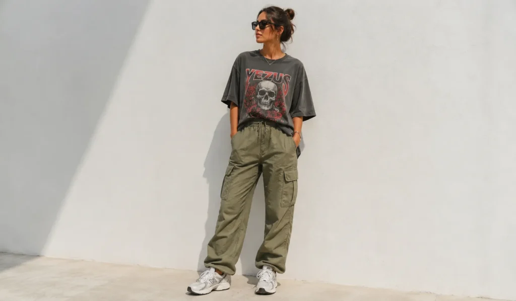 Masc summer fits inspired women’s outfit with oversized graphic tee and cargo pants.