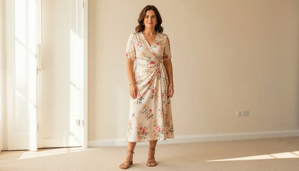 Mid size summer outfits with a floral wrap midi dress and strappy sandals.