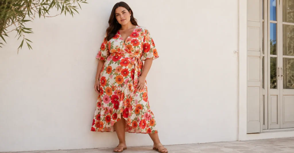 Plus size summer outfits with a floral wrap midi dress and summer sandals.