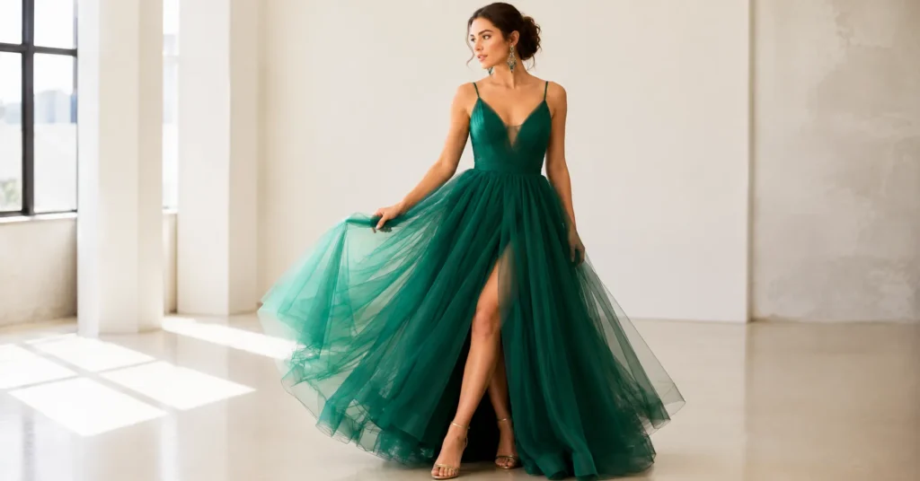 Emerald green tulle dress styled for a glamorous formal evening event.