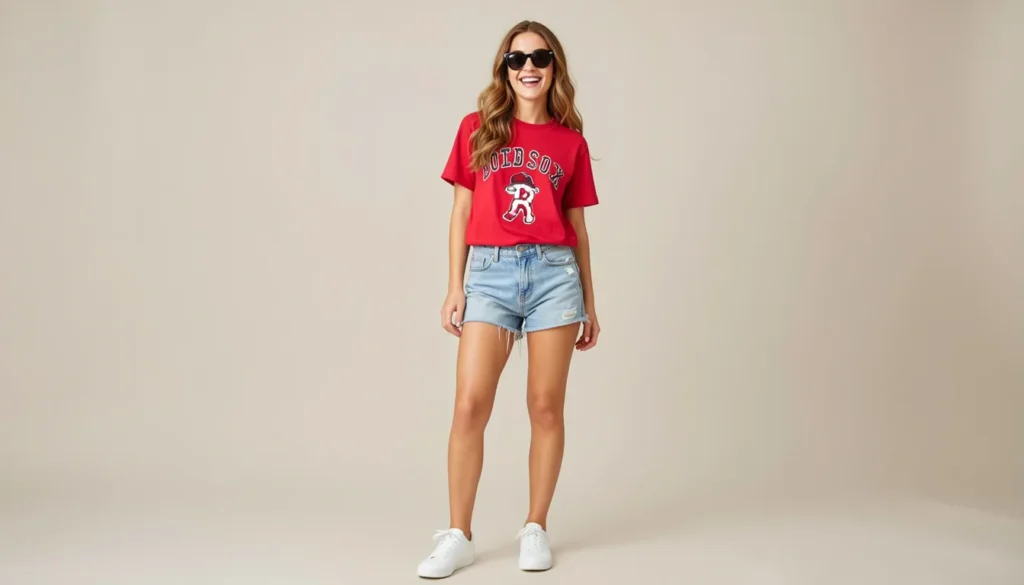 Female summer Red Sox outfit with oversized team t-shirt and denim shorts.
