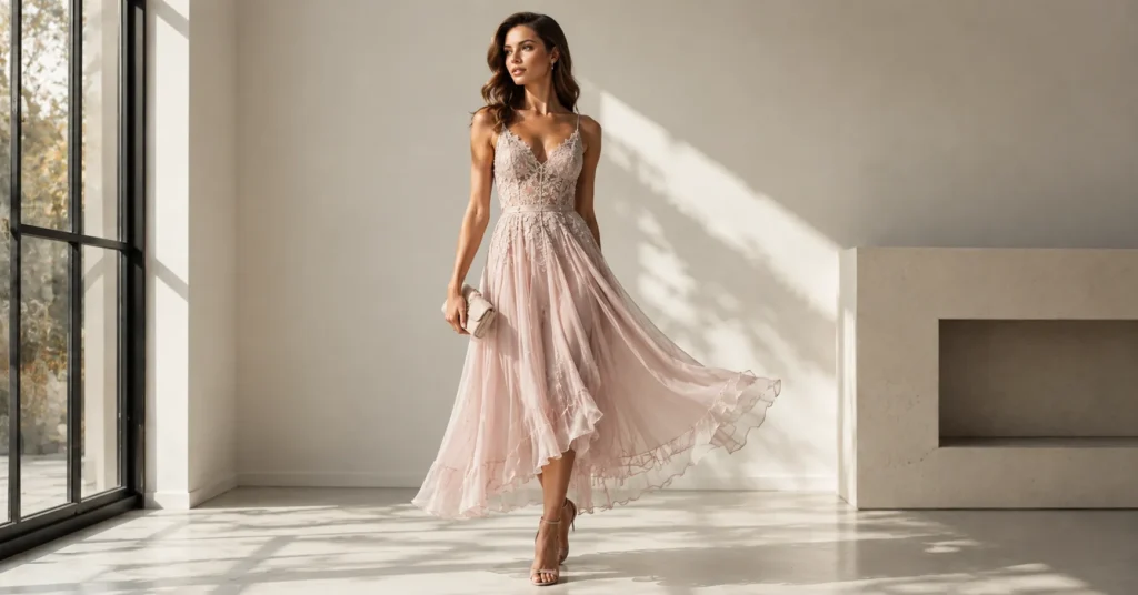 Luxury dresses for wedding guests featuring a pastel lace midi dress with elegant chiffon detailing.