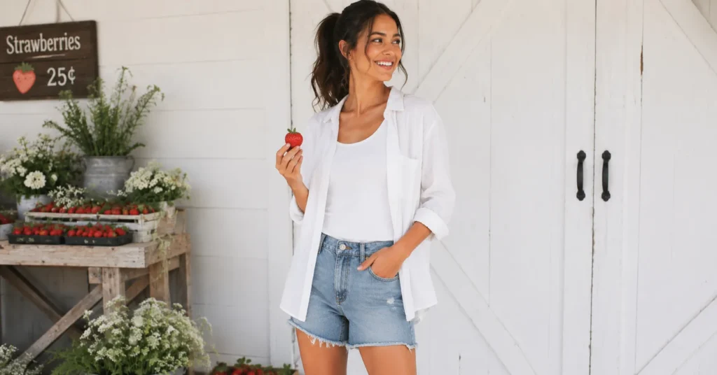Strawberry picking outfit with linen shirt and denim shorts styled for warm summer farm visits.