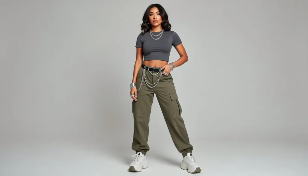 Female Don Toliver concert outfit featuring Y2K cargo pants and cropped baby tee styling.