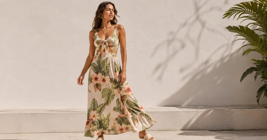Hawaiian theme outfit with tropical two-piece linen set and modern island casual styling.