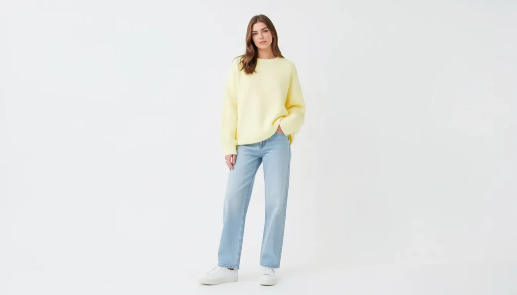 Master the Yellow Outfit: How to Style the Brightest Color 7 Casual pastel yellow outfit with sweater and jeans for everyday fashion inspiration
