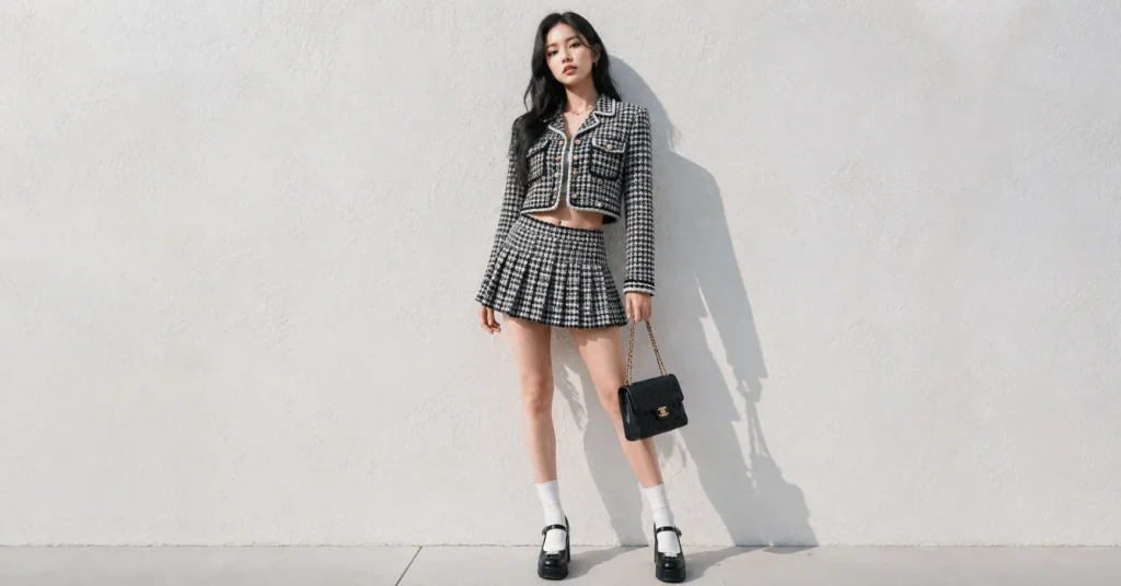 Jennie-inspired Blackpink concert outfit ideas with tweed co-ord and preppy K-pop fashion style]