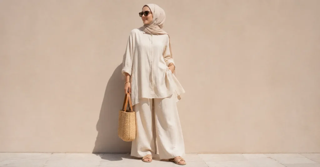 Modest summer outfit ideas with breathable linen matching set and relaxed chic styling
