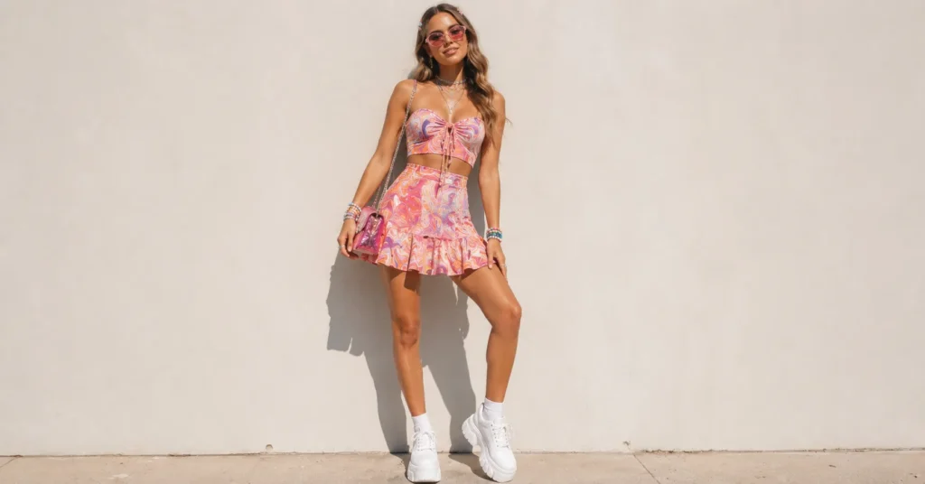 Summer concert outfit ideas for pop concerts with colorful matching set styling