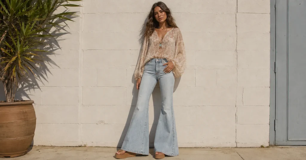 The Best Bell Bottom Jeans Outfit Ideas for Every Occasion 6 Bell bottom jeans outfit ideas with trendy boho chic fashion styling.