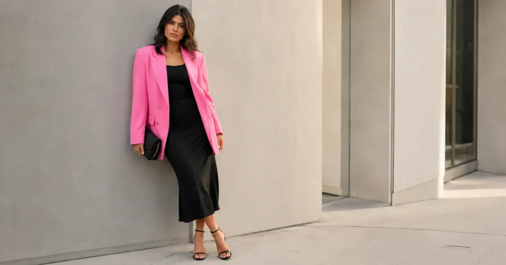 Black and pink outfit ideas with elegant pink blazer and black dress styling.