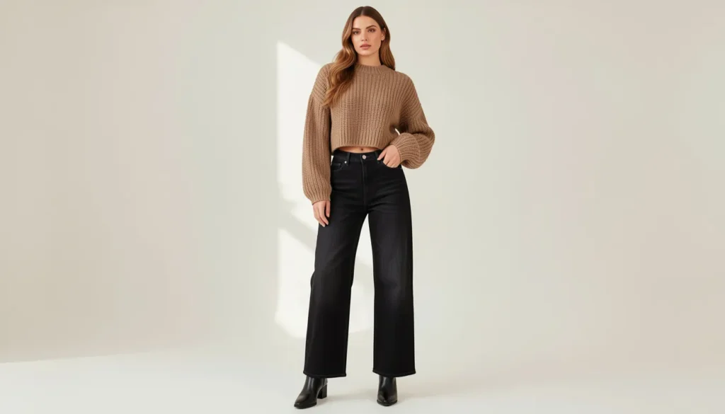 Black wide leg jeans outfit ideas with cozy cropped sweater and ankle boots styling.