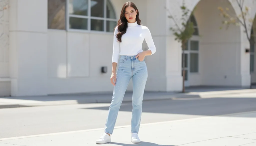 Chic Rhinestone Jeans Outfit Ideas for Every Occasion 3 Casual rhinestone jeans outfit ideas featuring light wash embellished jeans and a white t-shirt.