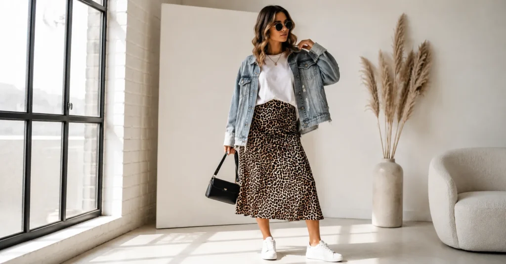 Fierce & Fabulous: The Best Animal Print Outfit Ideas for Every Season 3 Animal print outfit ideas with leopard print skirt and denim jacket casual style