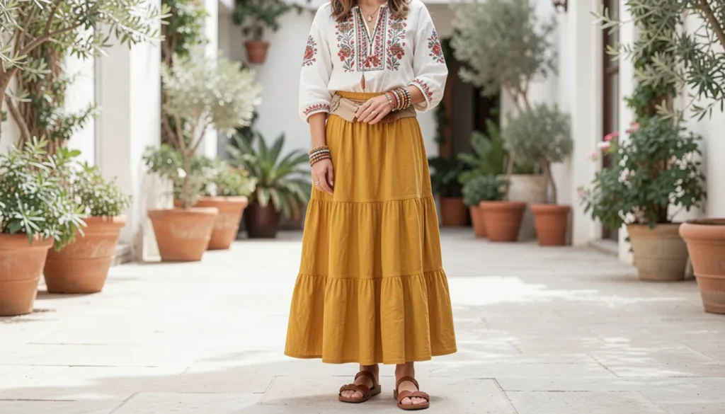 Cinco de Mayo outfit ideas with a colorful maxi skirt and embroidered blouse