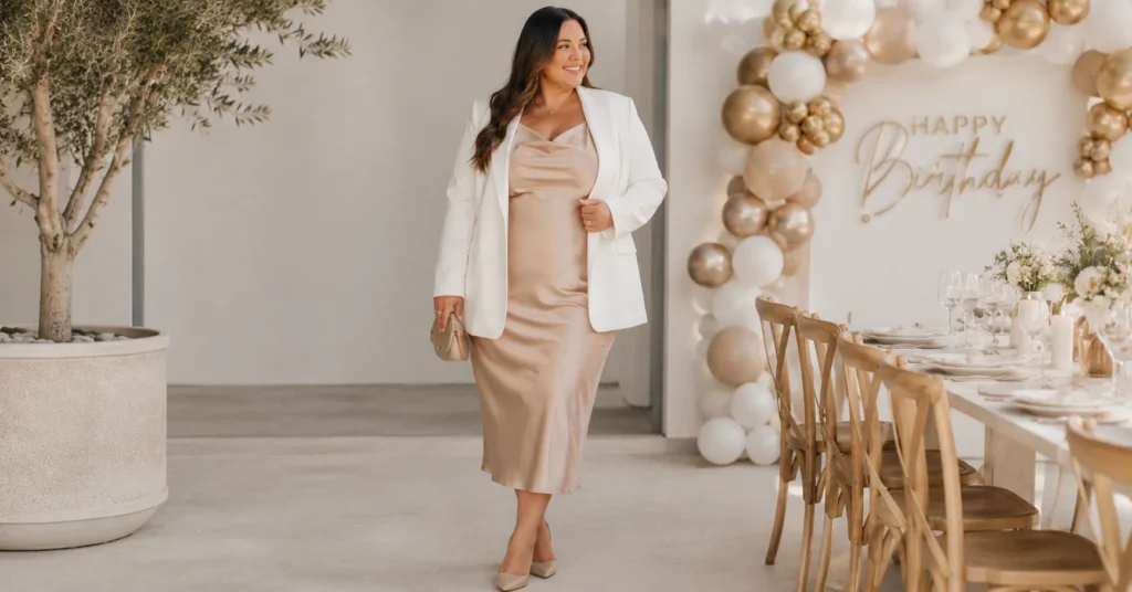 Stunning Curvy Plus Size Birthday Outfit Ideas for Your Day 3 Curvy plus size birthday outfit ideas with a satin slip dress and blazer